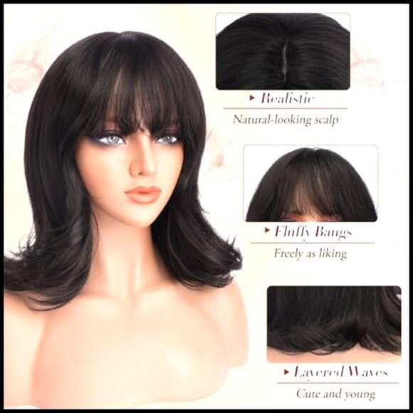 Shoulder Length Wavy Synthetic Wig with Bangs Retro Layered Party Costume main image 6